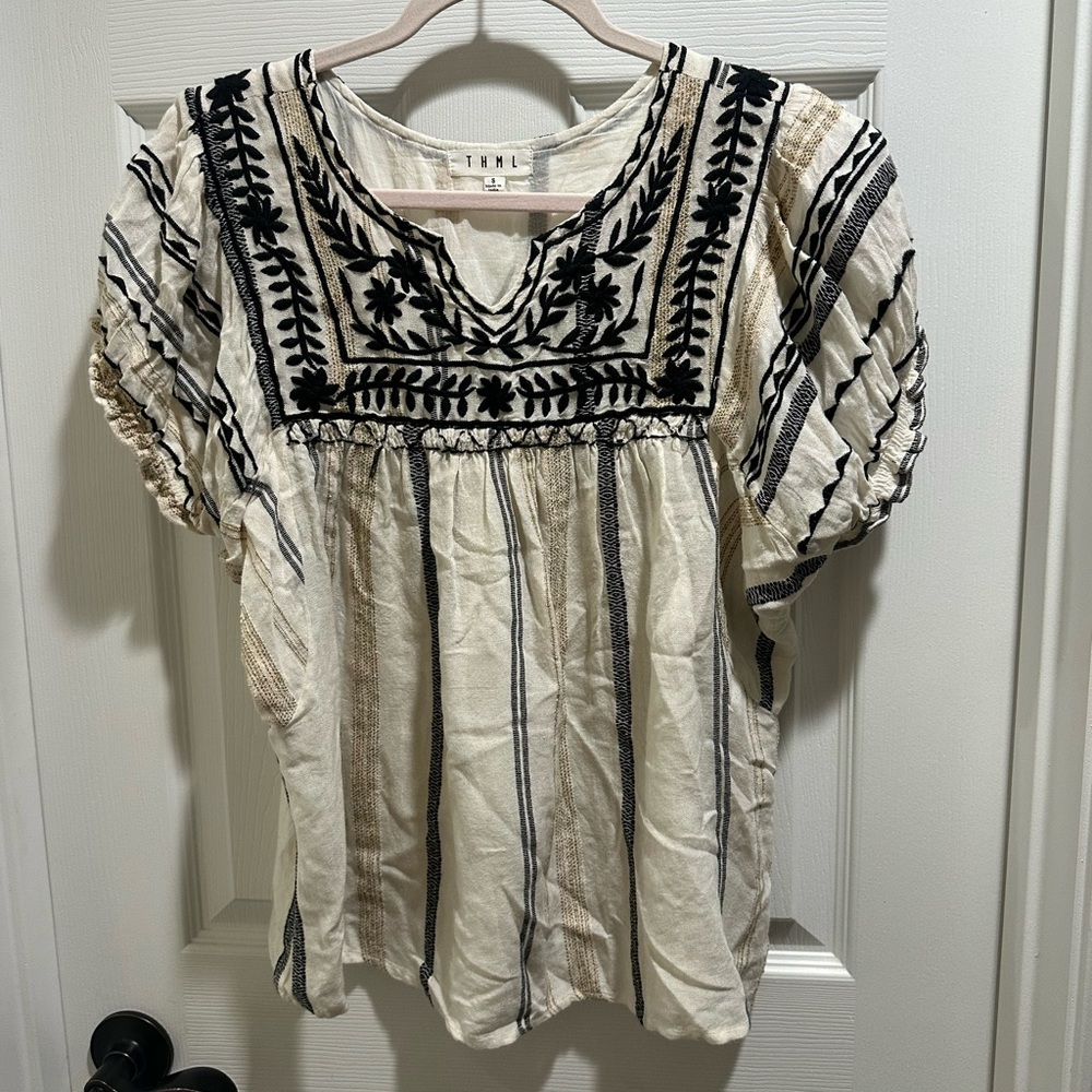 THML Ivory Peasant Tunic with Black Embroidered Yoke